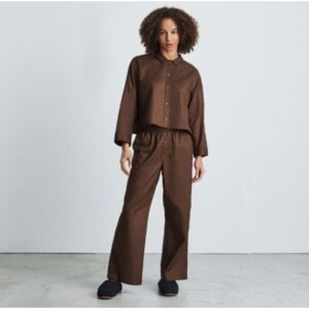 Everlane Womens Chestnut Brown Cotton Poplin Pajama Top Cropped Boxy Shirt M NEW